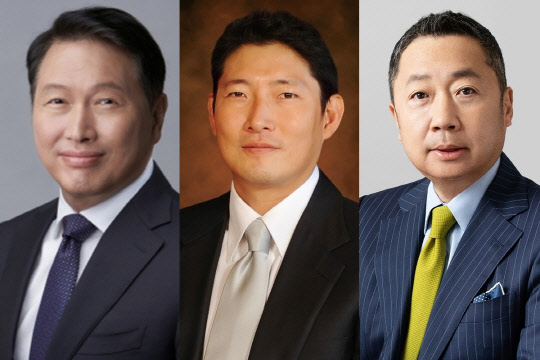 왼쪽부터 최태원 SK그룹 회장, 조현준 효성그룹 회장, 박정원 두산그룹 회장. 각사 제공